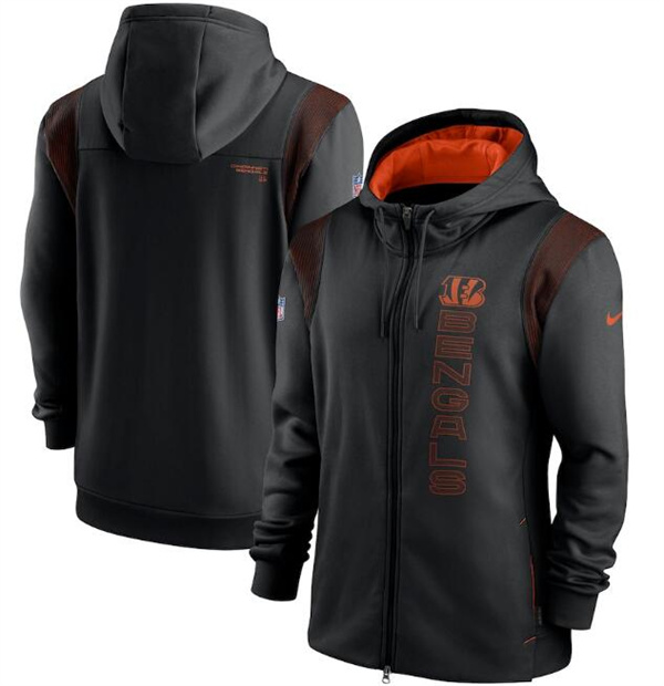 Men's Black Cincinnati Bengals 2021 Sideline Team Performance Full-Zip Hoodie